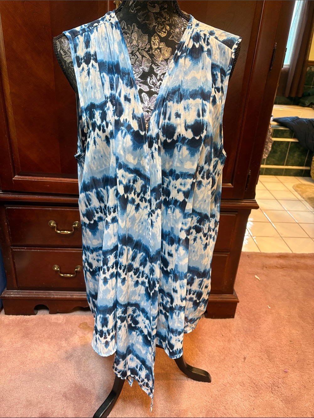 Terra & Sky Blue and White Tie-Dye Crepe Vest/Coverup